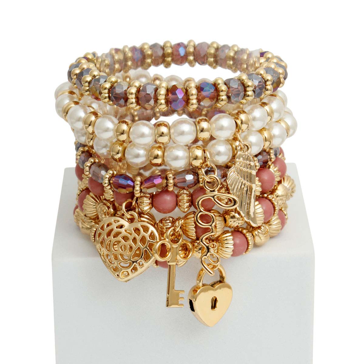 Mauve and Pearl Love Charm Bracelets