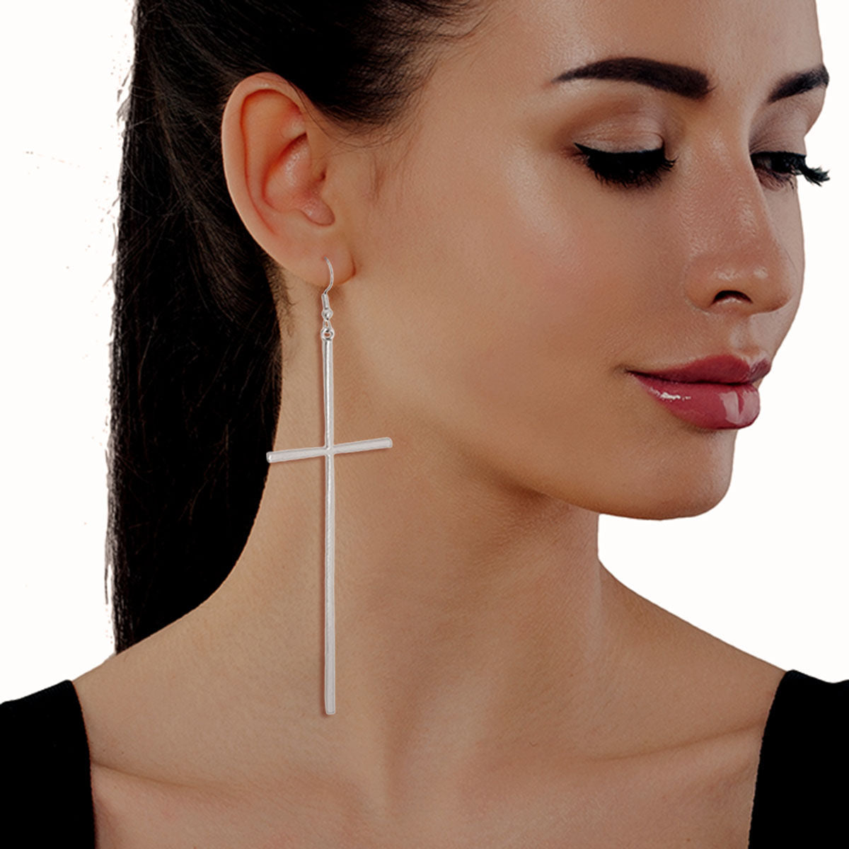 Long Silver Cross Fish Hook Earrings