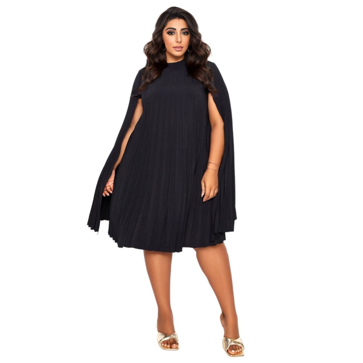 1XL Black Pleated Cape Dress