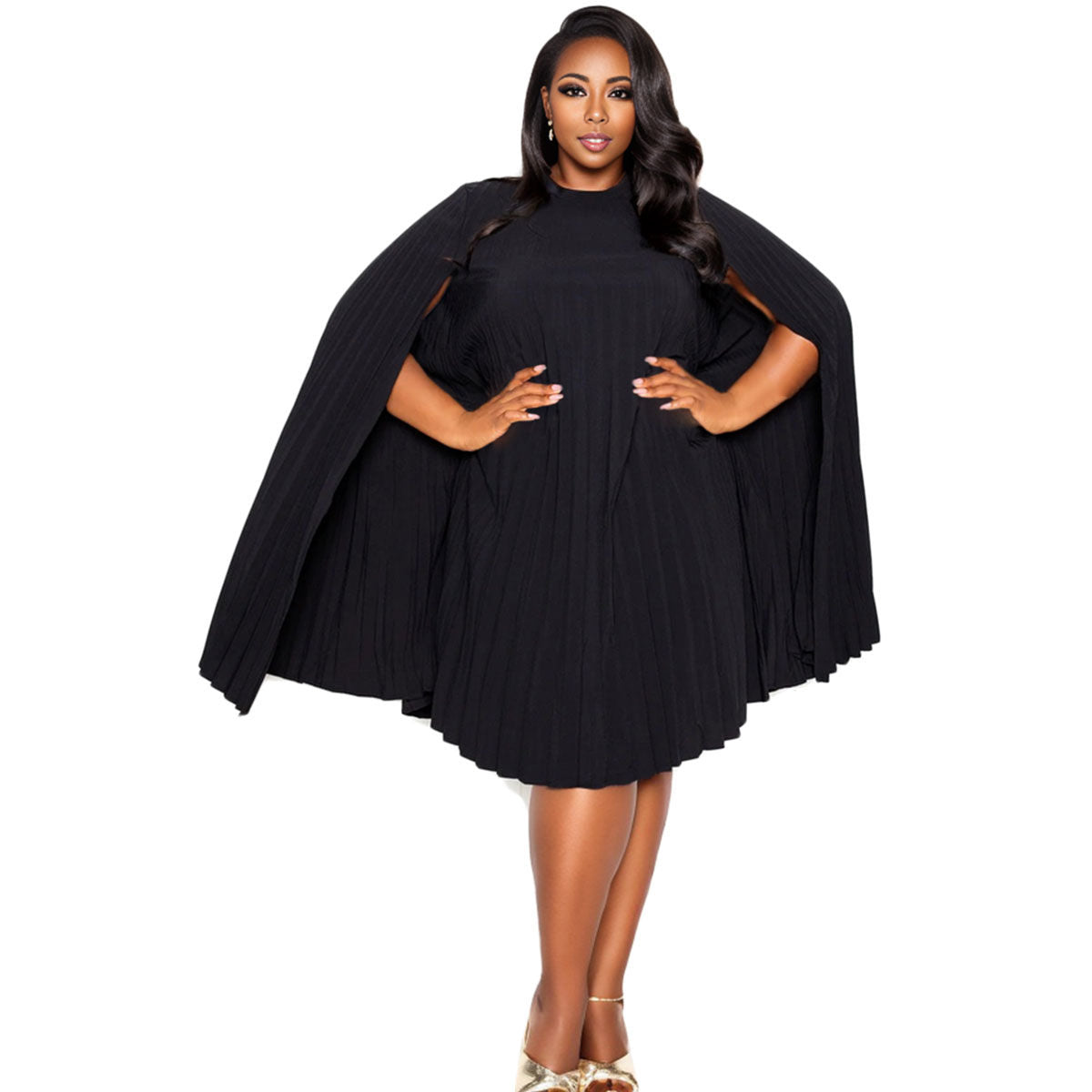 3XL Black Pleated Cape Dress