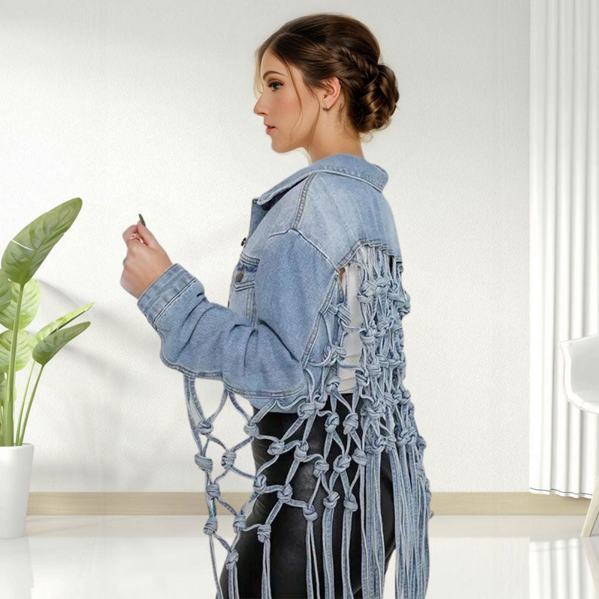 L Knotted Fringe Denim Jacket