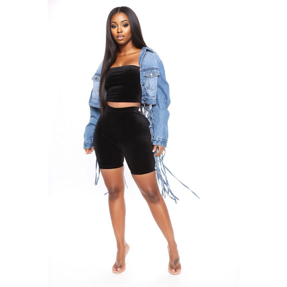 L Knotted Fringe Denim Jacket