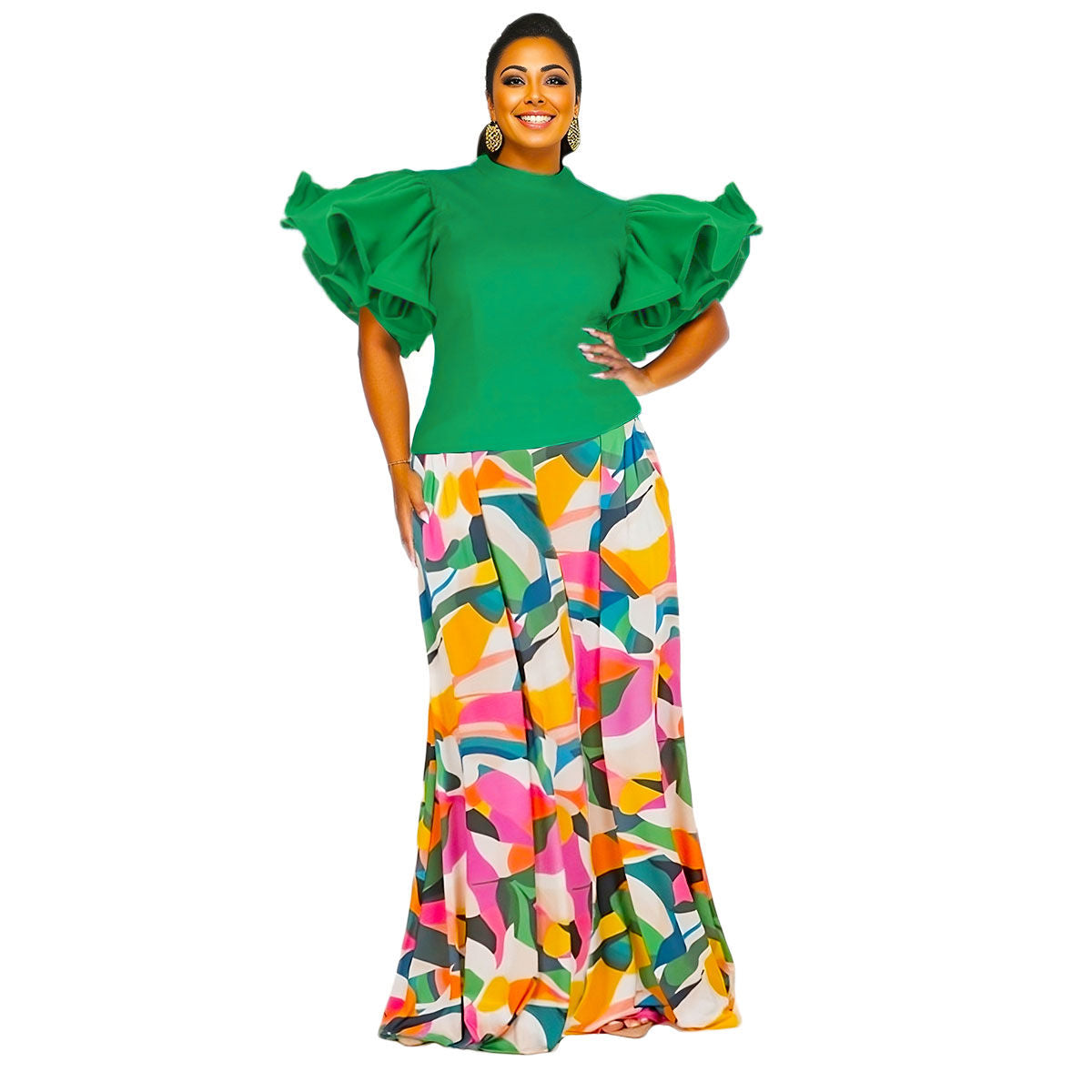 3XL Green Ruffle Geometric Pant Set