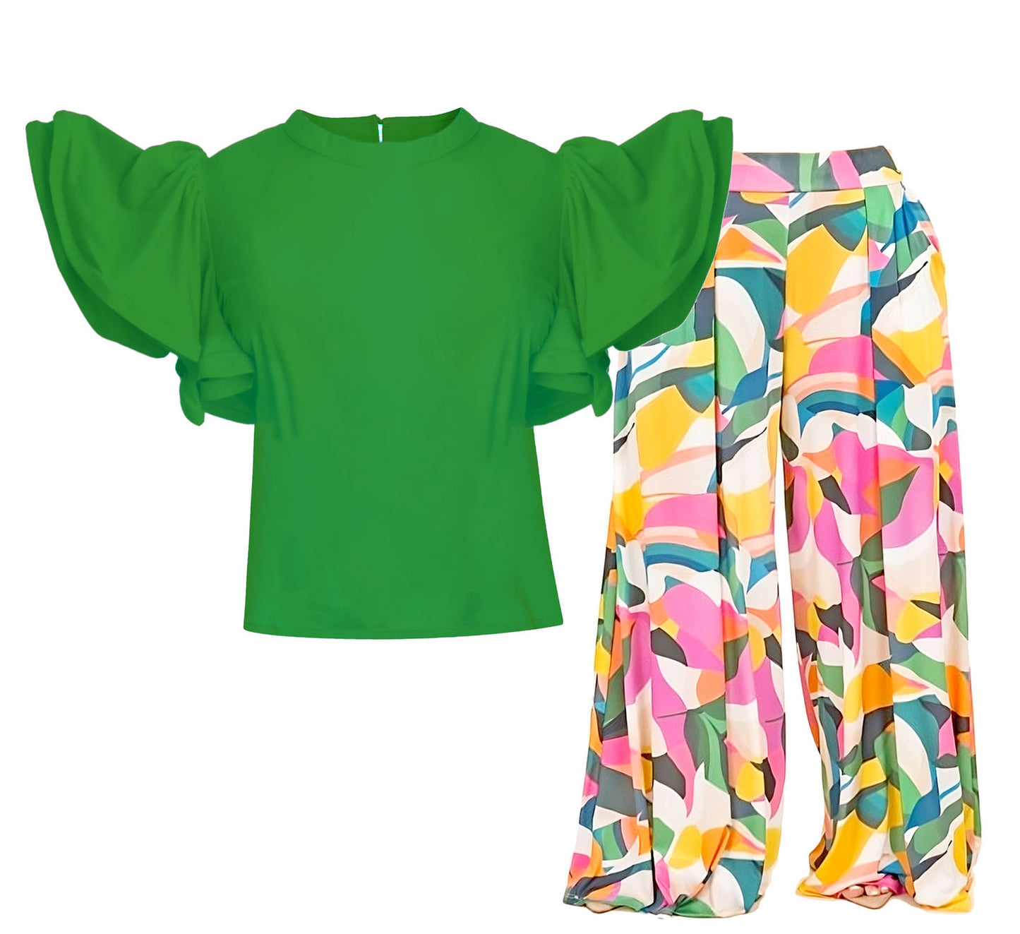 3XL Green Ruffle Geometric Pant Set