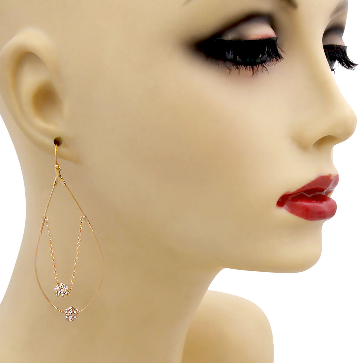 Gold Teardrop Earrings with Gold Chain and Rhinestone Ball Detail