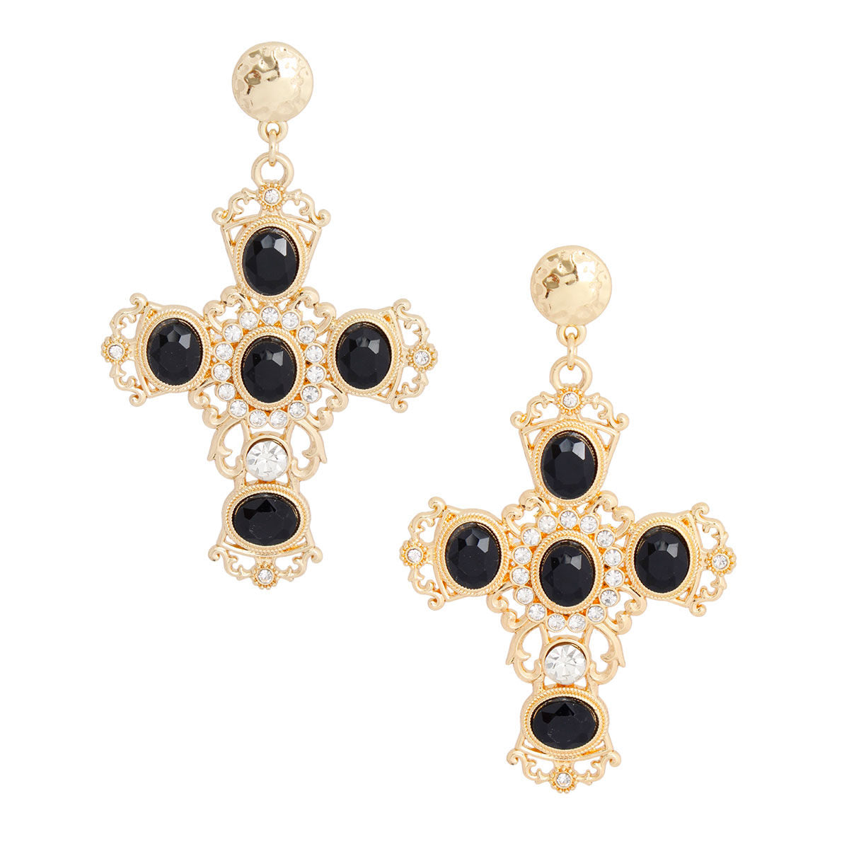 Gold Black Fancy Cross Earrings