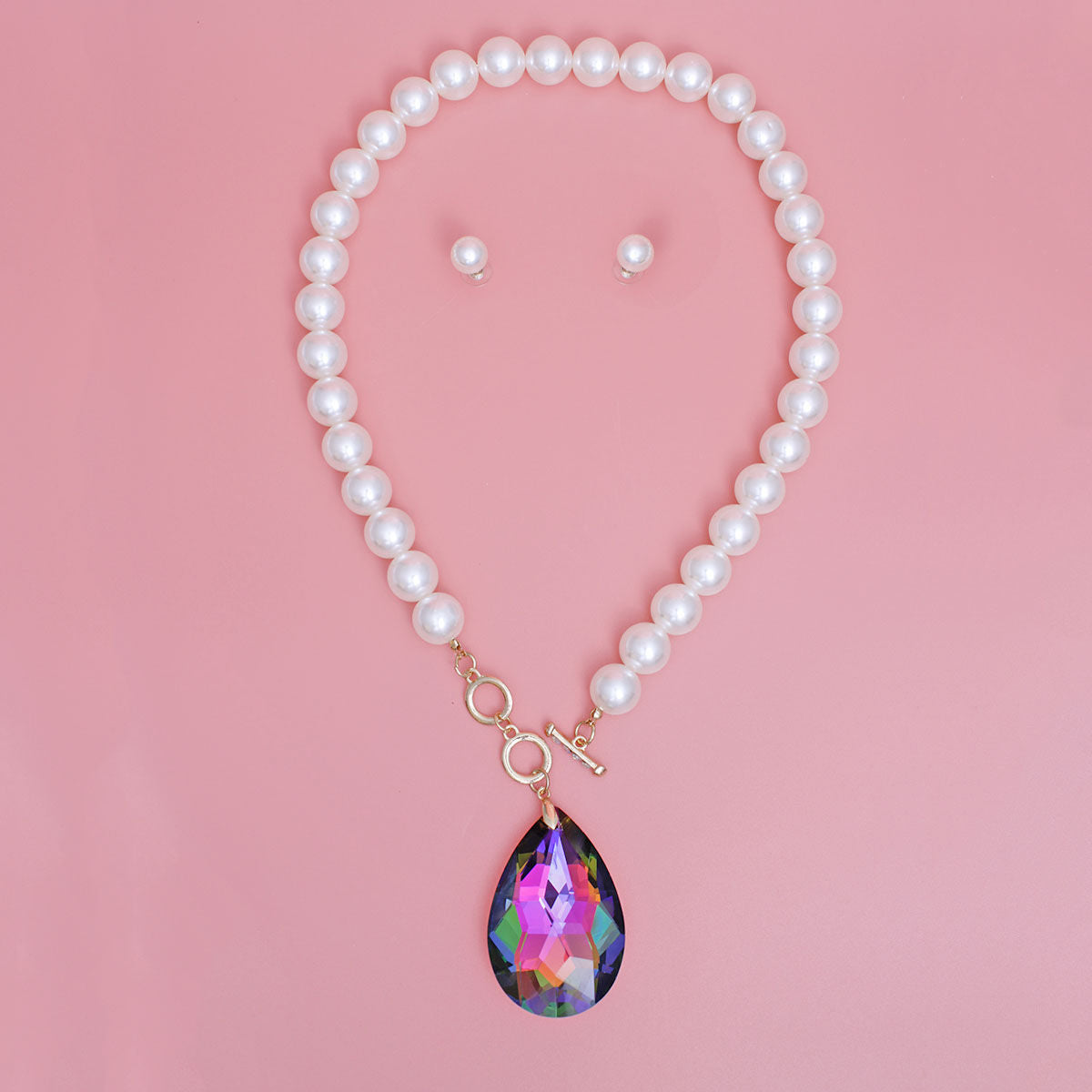 Toggle Pearl Pink Green Teardrop Necklace