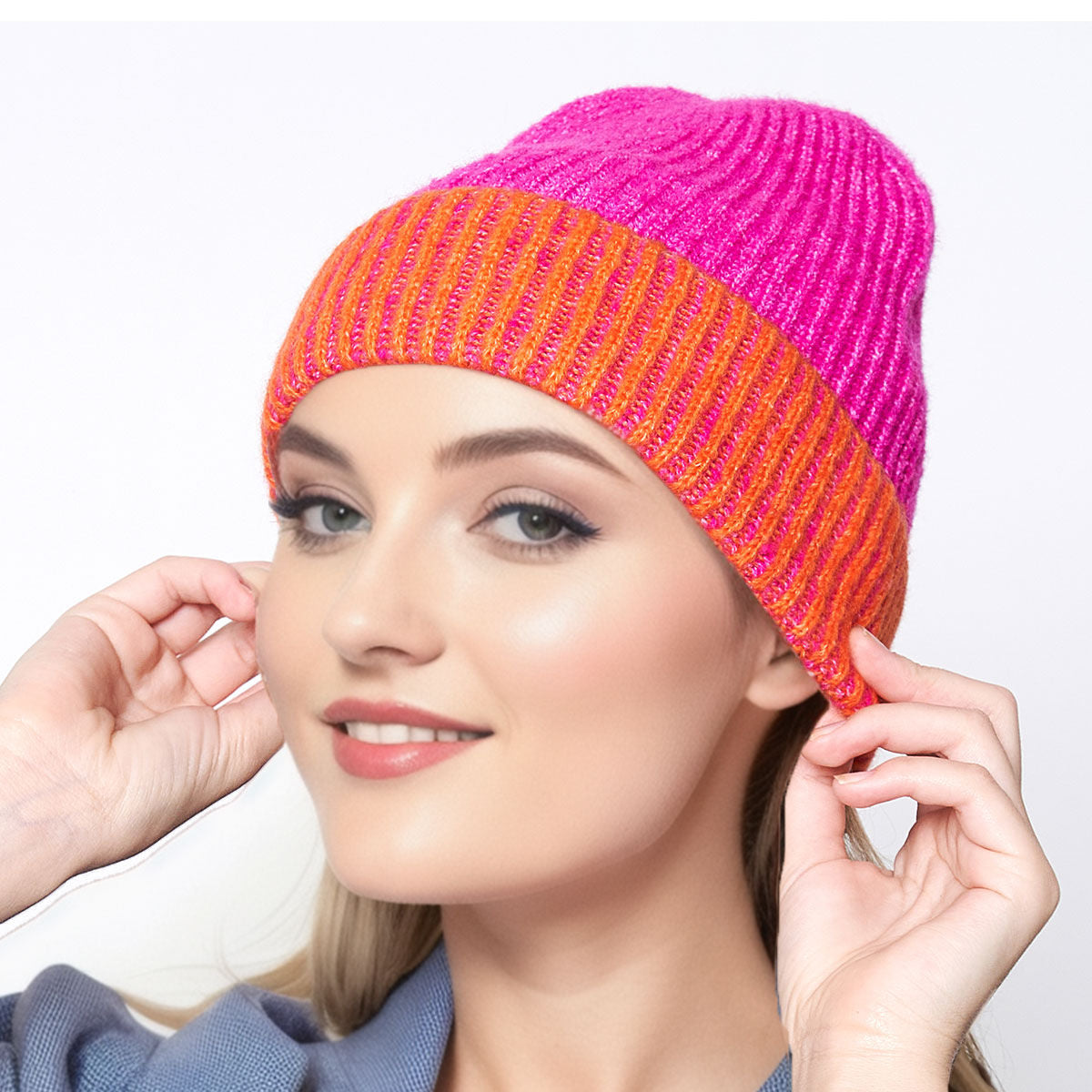 Beanie Fuchsia Two Tone Cuffed Hat for Women