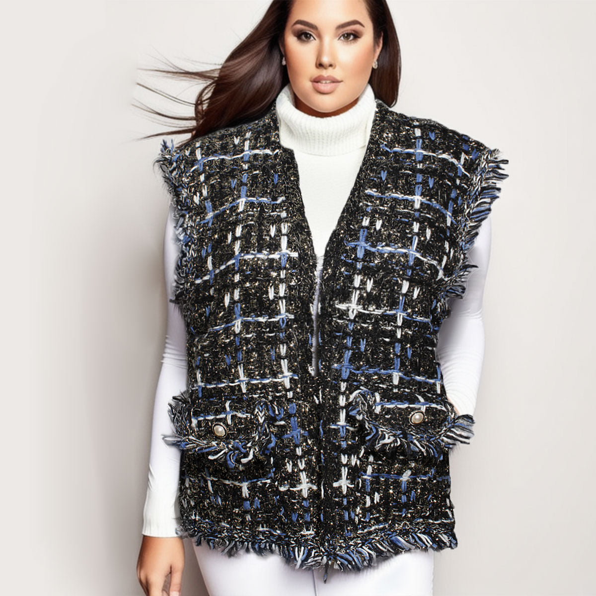 Vest Plaid Tweed Black Vest for Women