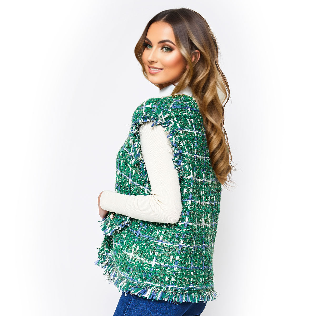 Vest Plaid Tweed Green Vest for Women