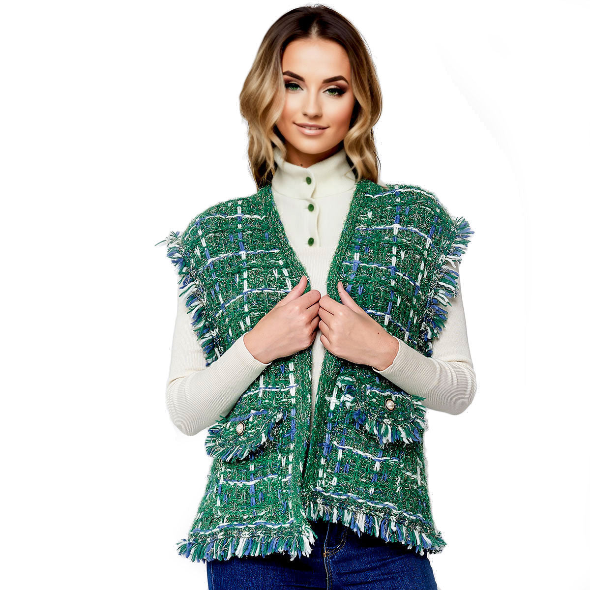 Vest Plaid Tweed Green Vest for Women