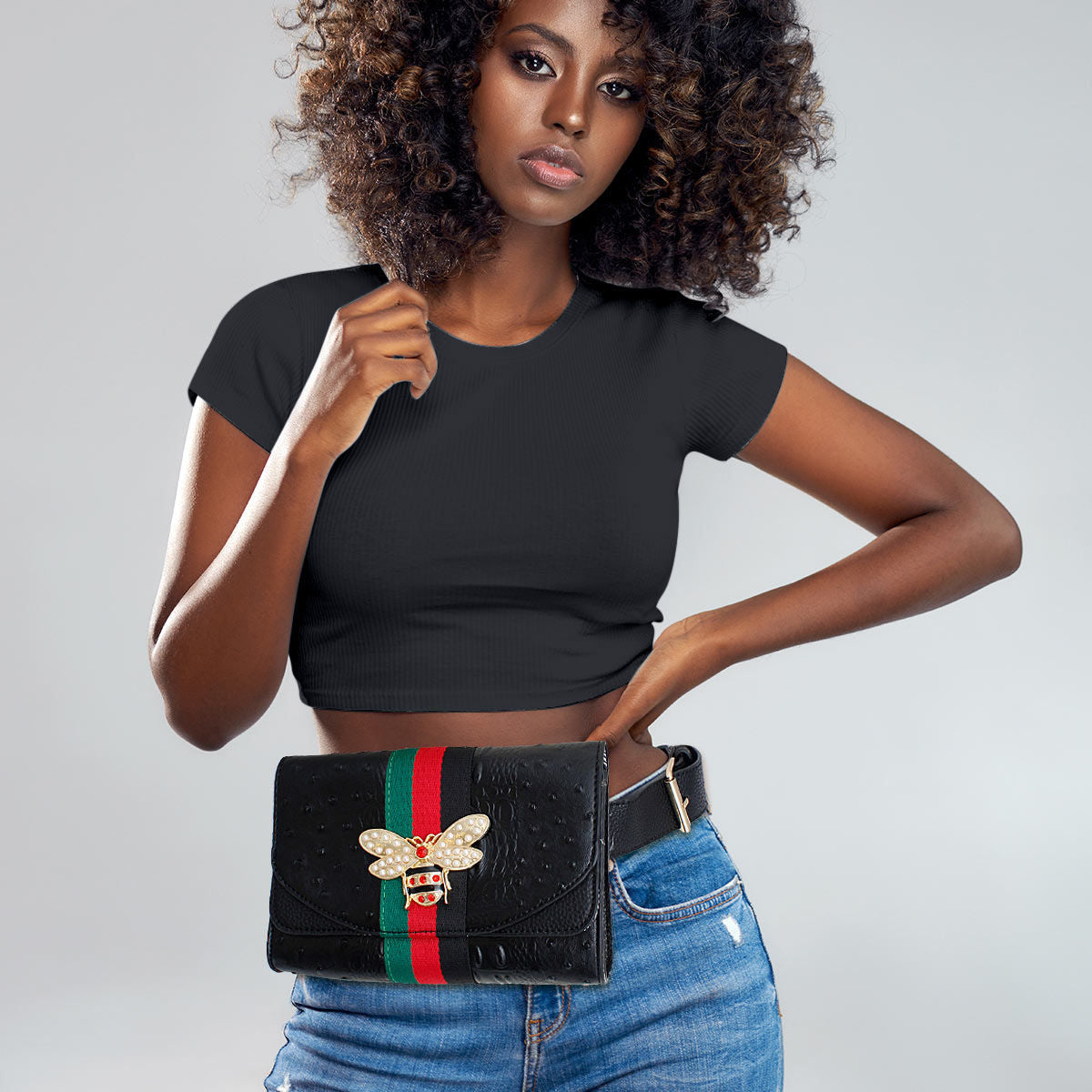 Stripe Black Ostrich Belt Bag