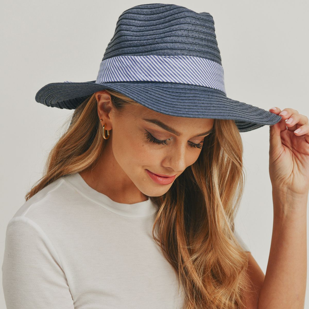 Navy Striped Bow Fedora Hat