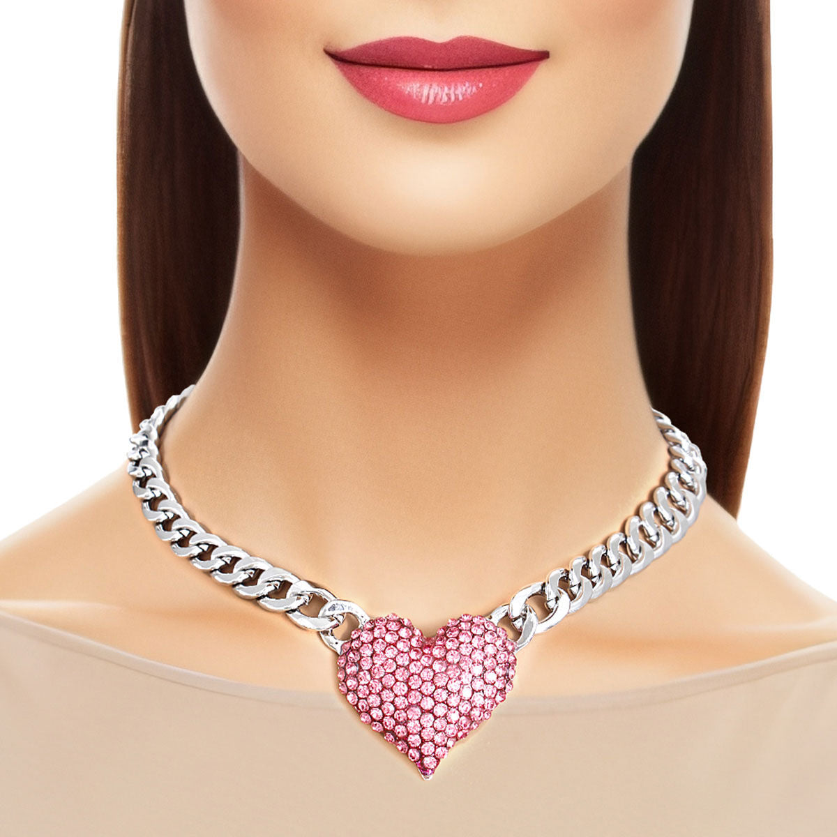 Silver Pink Heart Station Chain