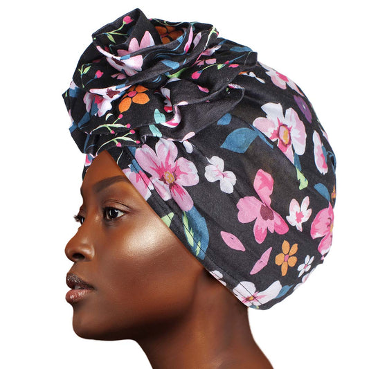 Black Floral Flower Knot Turban