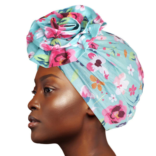 Turquoise Floral Flower Knot Turban