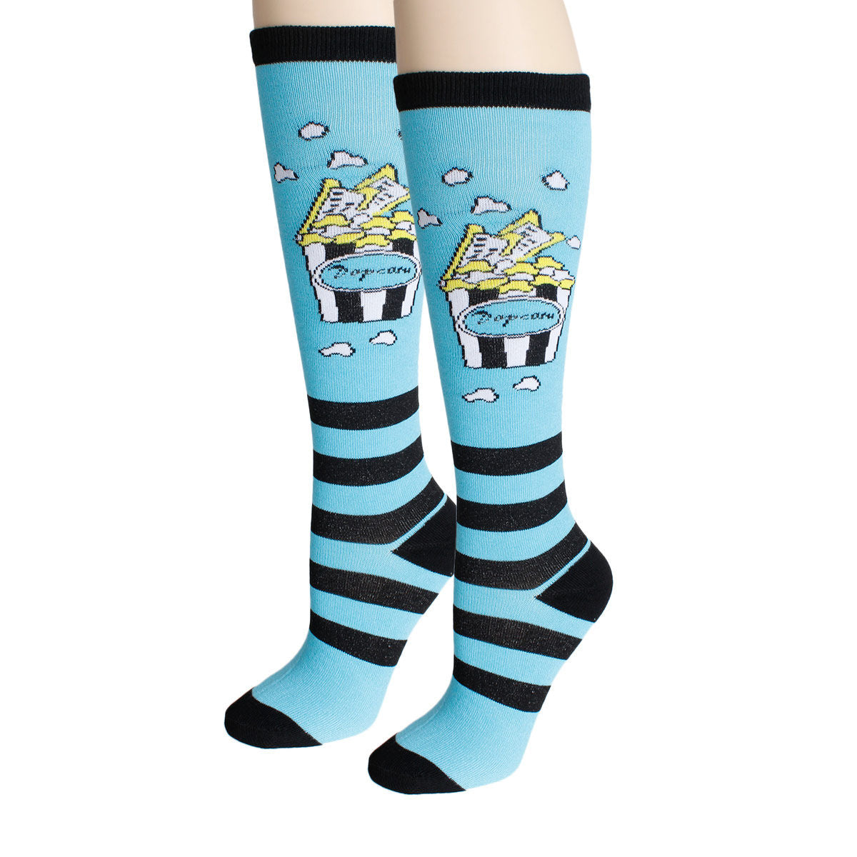 Ladies Socks Knee High Blue Popcorn Stripe